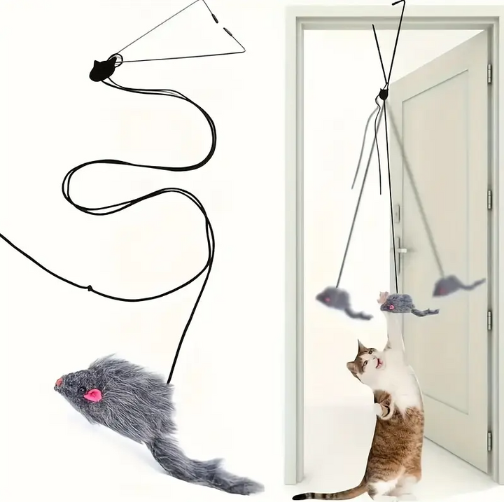 Interactive cat toy mouse with string for active play, exercise, and mental stimulation.