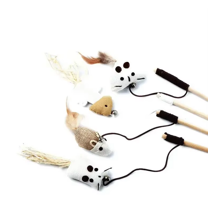 Interactive cat toy set with natural feathers, bells, sisal, and wood for active feline playtime and enrichment.