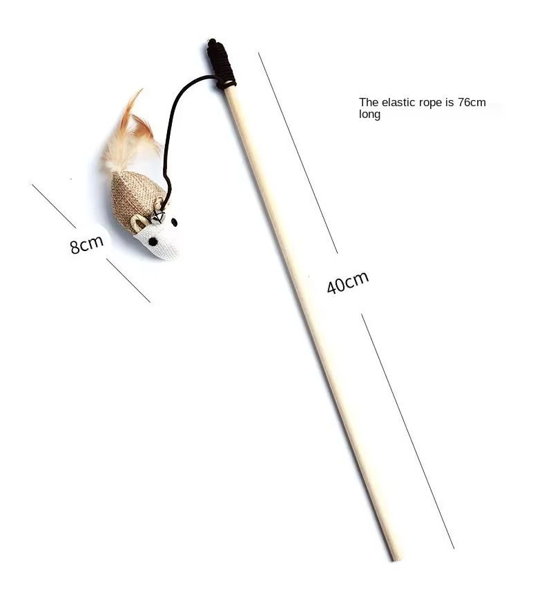 Detailed view of natural feathers on an interactive cat wand toy, attracting feline attention.
