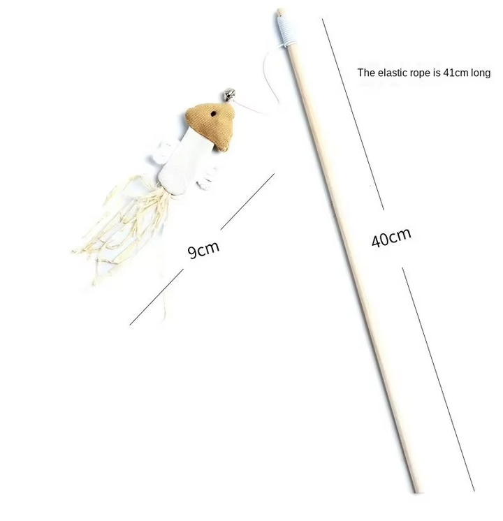 Interactive cat toy set with feathers, bells, sisal & wood, beautifully displayed together.