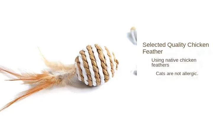 Cat engaged in solo play with a bell and sisal ball toy, encouraging independent enrichment.