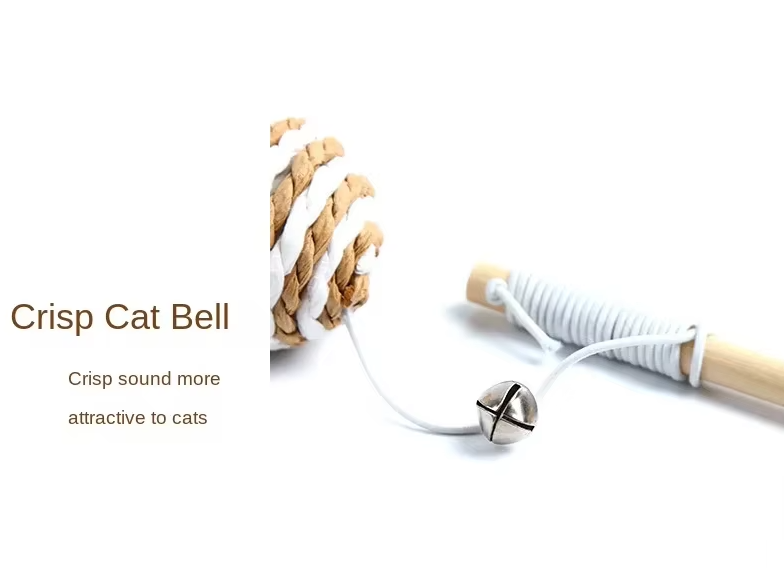 Variety pack of interactive cat toys including natural feathers, bells, sisal, and wood for fun.