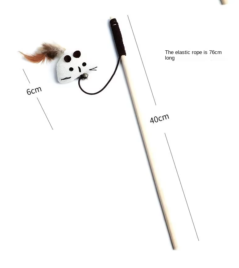 Various natural textures: real feathers, sisal, and wood in a cat enrichment toy set.