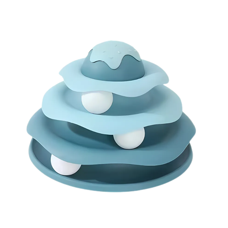 Multi-level PawTornado interactive cat tower with spinning balls. Engaging boredom buster for single or multiple cats.