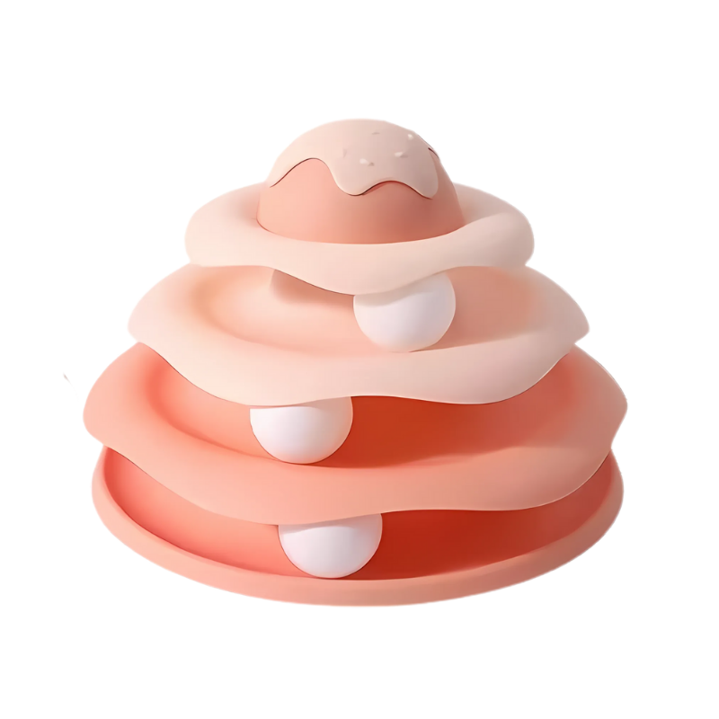 Durable ABS plastic PawTornado cat toy tower. Spinning tracks provide interactive exercise & entertainment for cats.