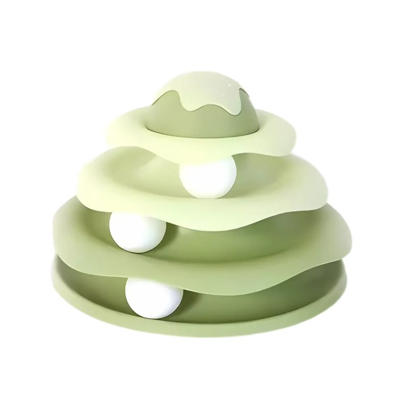 Interactive PawTornado cat tower for stimulating playtime. Spinning balls and durable design provide endless feline exercise.
