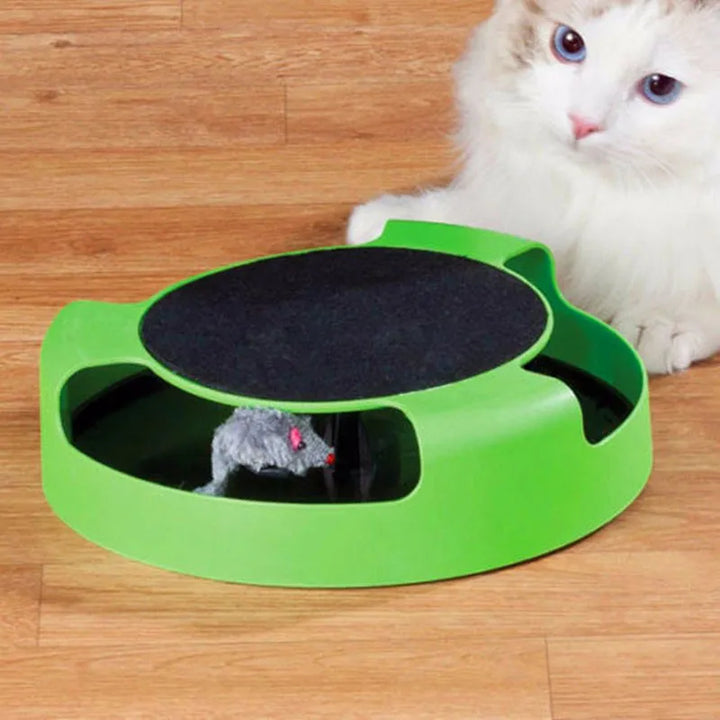 Interactive cat toy with a moving mouse, providing mental stimulation for active indoor cats.