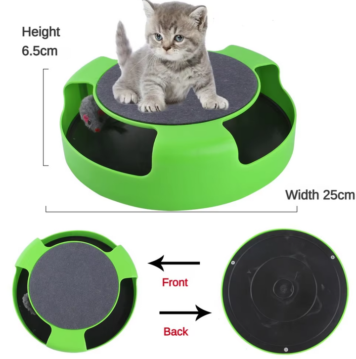 Close-up of the interactive cat toy's durable material, designed for long-lasting feline fun with a moving mouse.