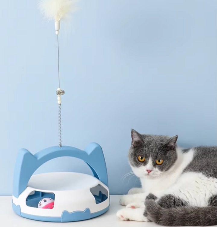 Interactive cat toy with feather & rolling ball for active pet exercise & mental stimulation.