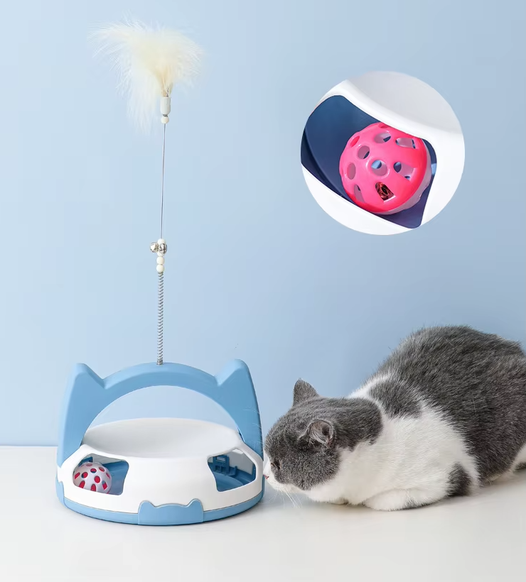 Durable interactive cat toy, ideal for active house pets, featuring feather & rolling ball fun.