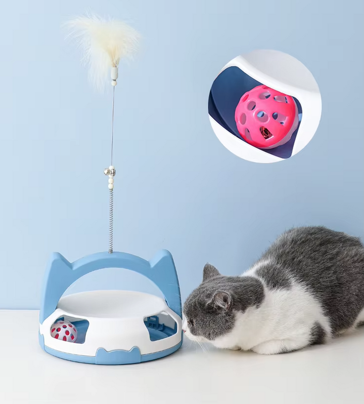 Durable interactive cat toy, ideal for active house pets, featuring feather & rolling ball fun.