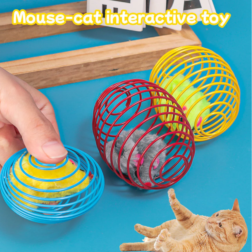 Interactive cat toy with spiral mice for engaging feline prey play and enrichment.