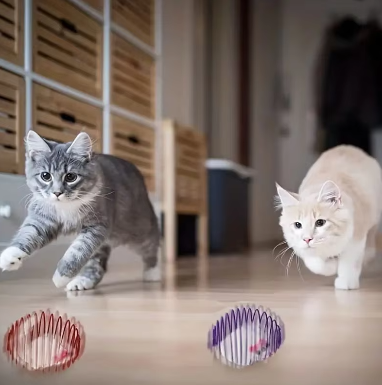 Spiral cage cat toy with multiple mouse figures for stimulating pet play and enrichment.