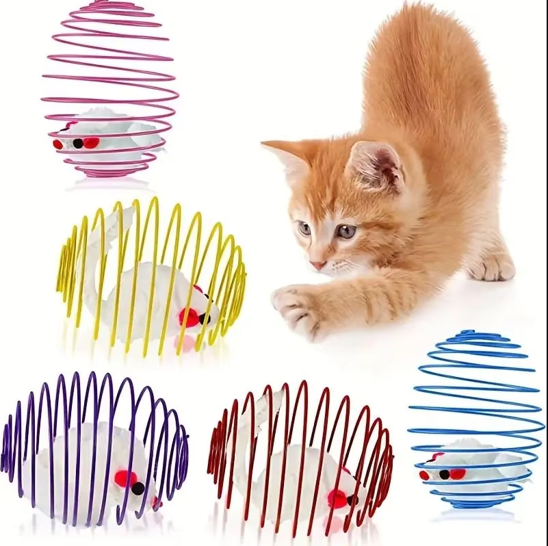 Feline enrichment toy: spiral mice for interactive indoor cat play and hunting stimulation.