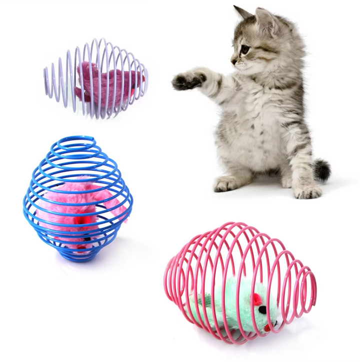 Unique spiral cage design with mouse toys for interactive cat enrichment & exciting prey play.