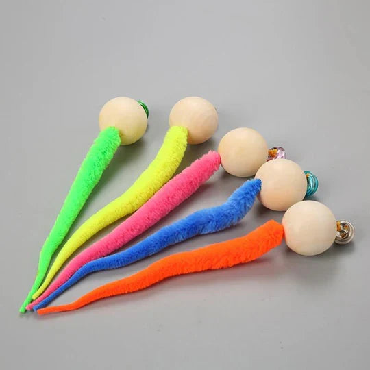 Cat enrichment toy with a wagging tail and bell for stimulating active indoor cat playtime and fun.