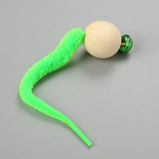 Durable interactive cat toy featuring a wagging tail and bell, perfect for indoor cat enrichment and active playtime.
