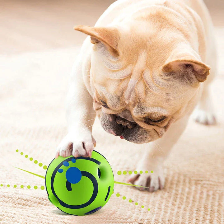 Interactive dog chuckle ball toy for active play, mental stimulation & entertainment. Battery-free sound pet toy.