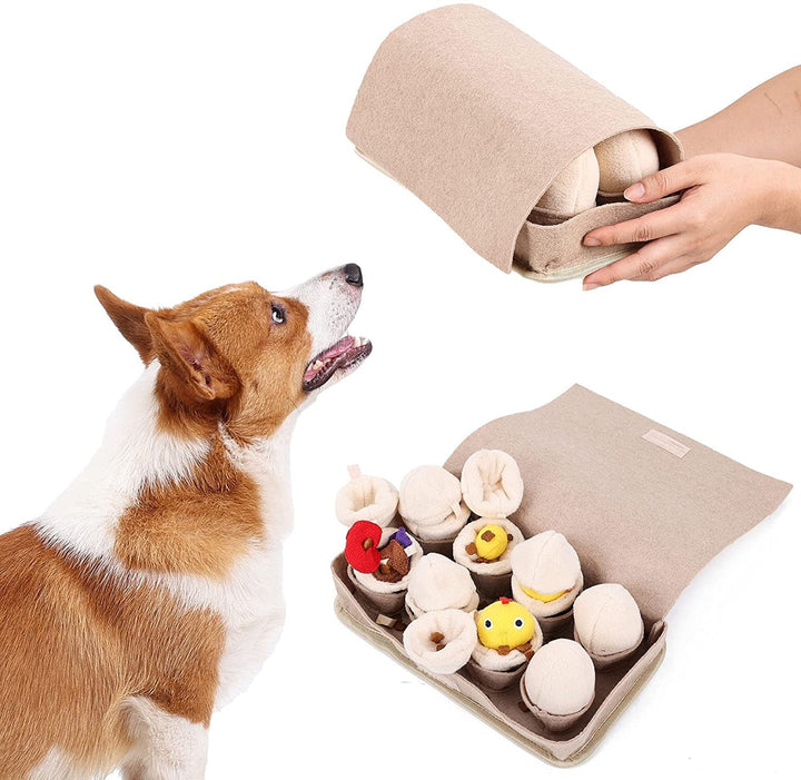 Interactive dog egg farm sniffing puzzle toy with hidden treat compartments for mental stimulation & pet enrichment.