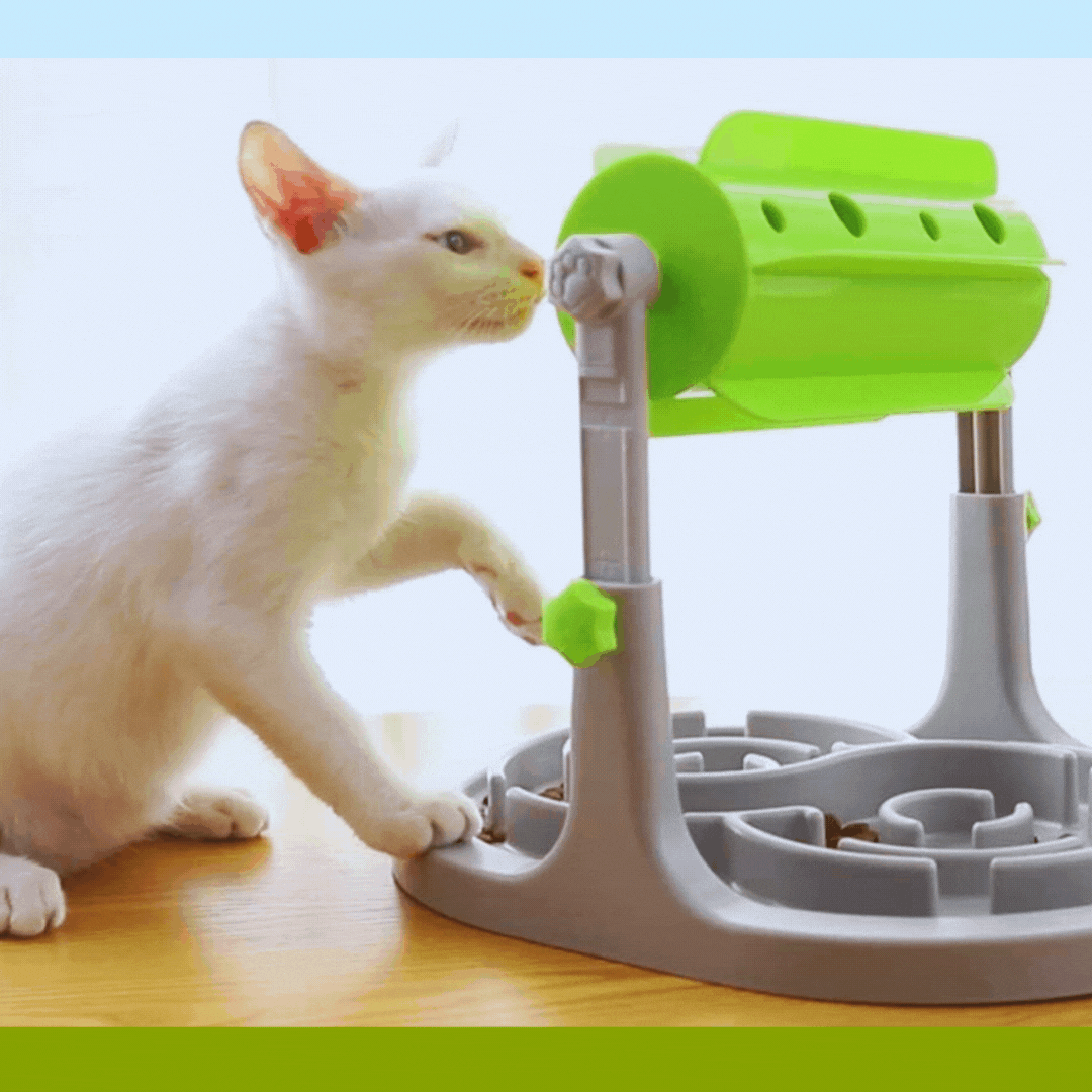 Interactive dog food dispenser with rotation & anti-snacking bowl. Promotes slow feeding & mental stimulation.