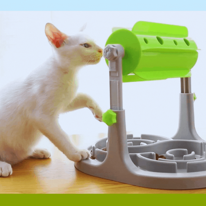Interactive dog food dispenser with rotation & anti-snacking bowl. Promotes slow feeding & mental stimulation.