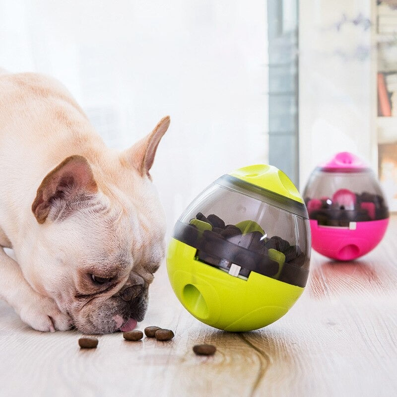 Interactive dog treat dispenser puzzle ball for mental stimulation & pet enrichment. Durable food dispensing toy.