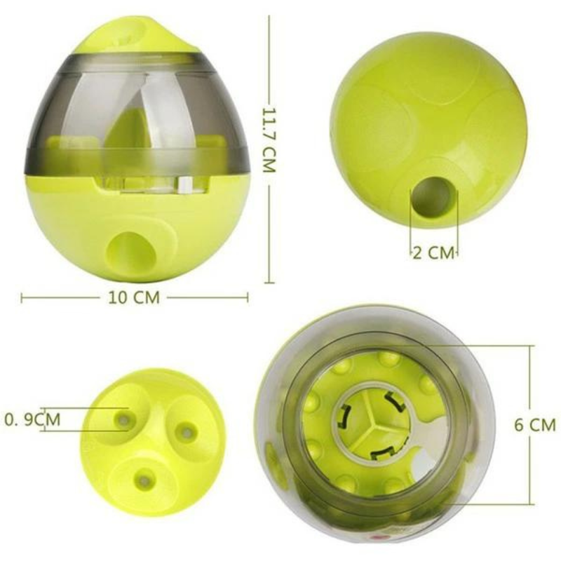 Dog's durable treat dispensing ball, an interactive puzzle toy for physical exercise & indoor pet play.