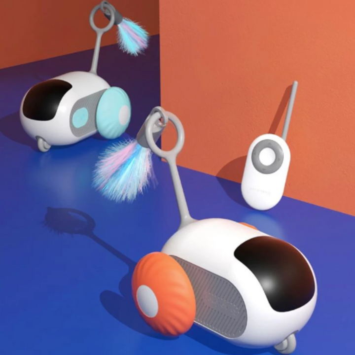 Interactive electric cat chase toy with remote control, made of durable silicone for endless pet play.
