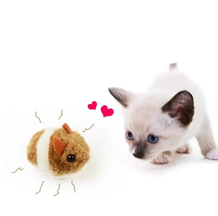 Interactive electric plush hamster toy for cats & kittens. Automatic feline solo play entertainment.