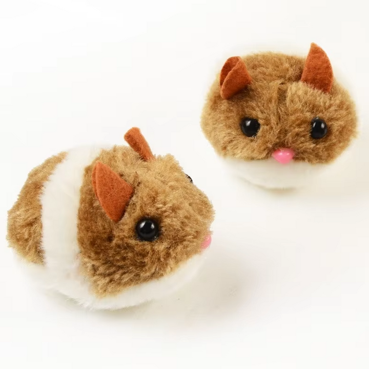 Plush electric hamster toy providing stimulating feline enrichment & entertainment for playful cats.