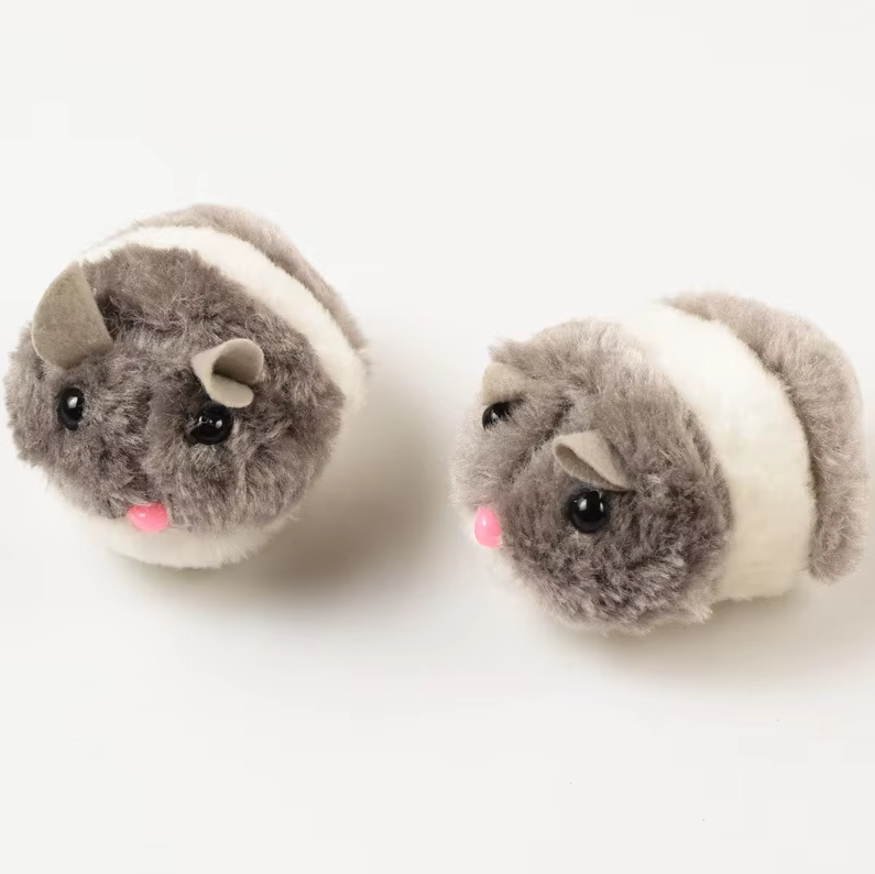 Battery-operated interactive plush hamster toy for cats, stimulating natural hunting instincts.