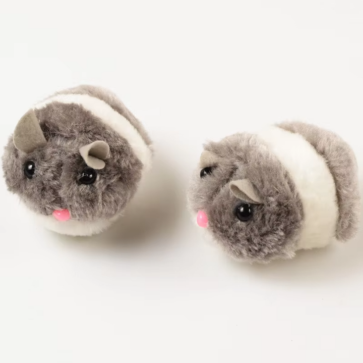 Battery-operated interactive plush hamster toy for cats, stimulating natural hunting instincts.