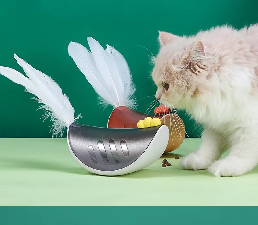 Interactive feather cat toy & treat dispenser for playful exercise and mental stimulation.