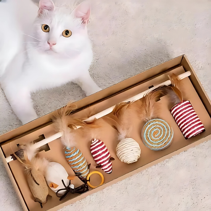 Interactive feather & mouse cat toy set. Linen & wooden toys for play, exercise, and boredom relief.