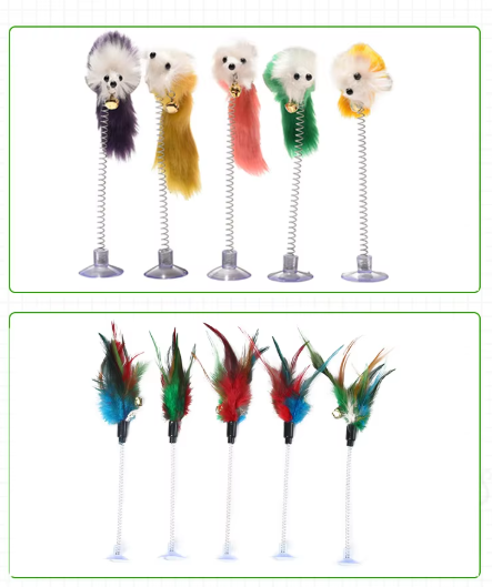 Interactive feather mouse cat toy with wiggling action, suction cup base, and bell for engaging feline play & exercise.