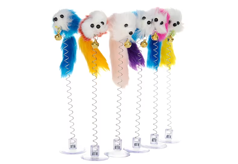 Wiggling feather mouse cat toy with a strong suction cup base for stable, interactive feline enrichment & exercise.
