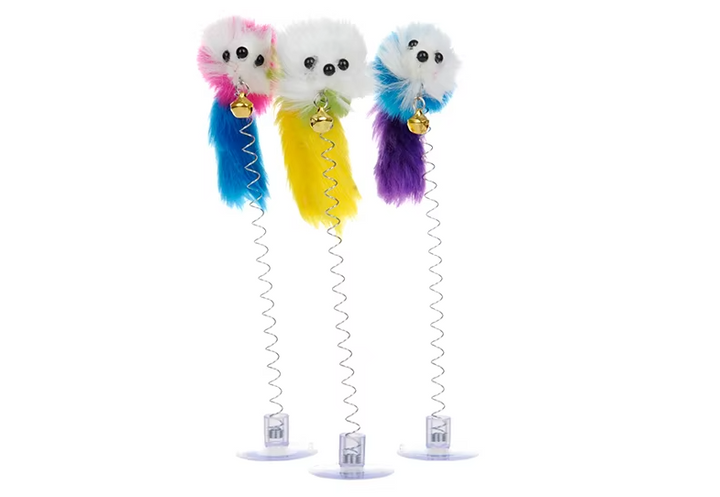 Interactive cat toy featuring a wiggling feather mouse and a bell, stimulating pet play and feline exercise.