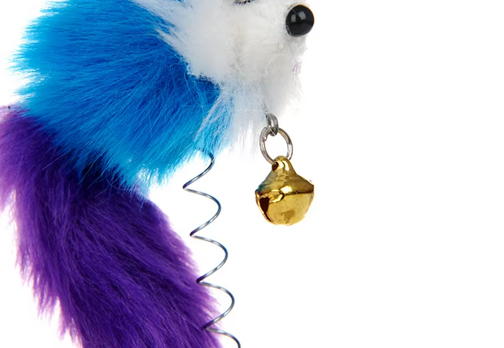 Suction cup interactive cat toy with a wiggling feather mouse and bell, perfect for active pet play & exercise.
