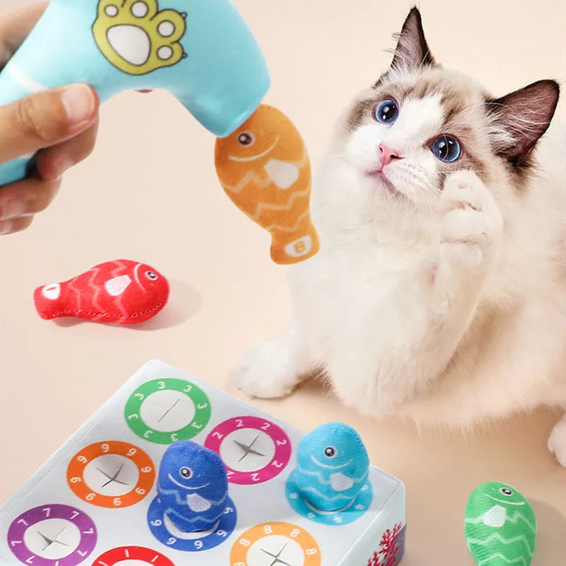 Interactive fish cat toy set for chewing, playtime fun, and dental health.