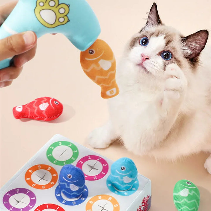 Interactive fish cat toy set for chewing, playtime fun, and dental health.
