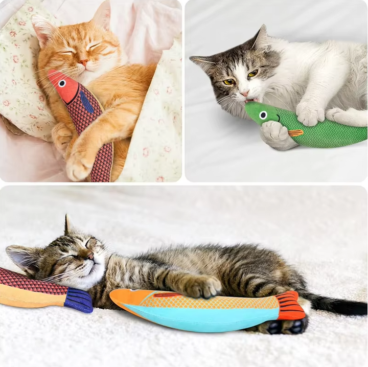 Interactive fish cat toy with realistic flopping motion, sound, and catnip for stimulating feline playtime.
