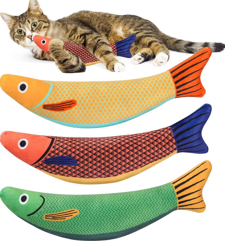 Realistic fish cat toy for pet enrichment, offering interactive sound, movement, and a catnip pouch.