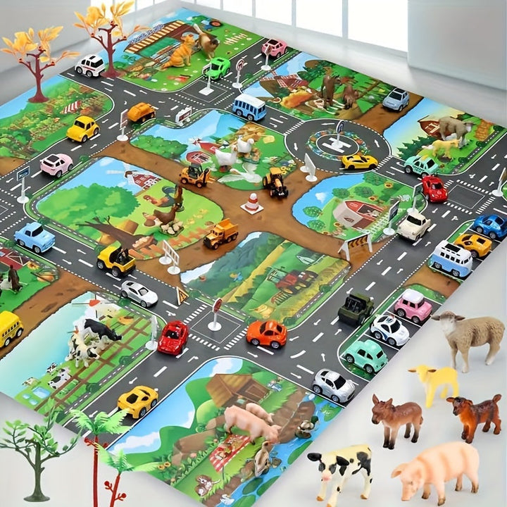 Interactive kids' farm & traffic play mat with toy roads, perfect for imaginative play & learning.