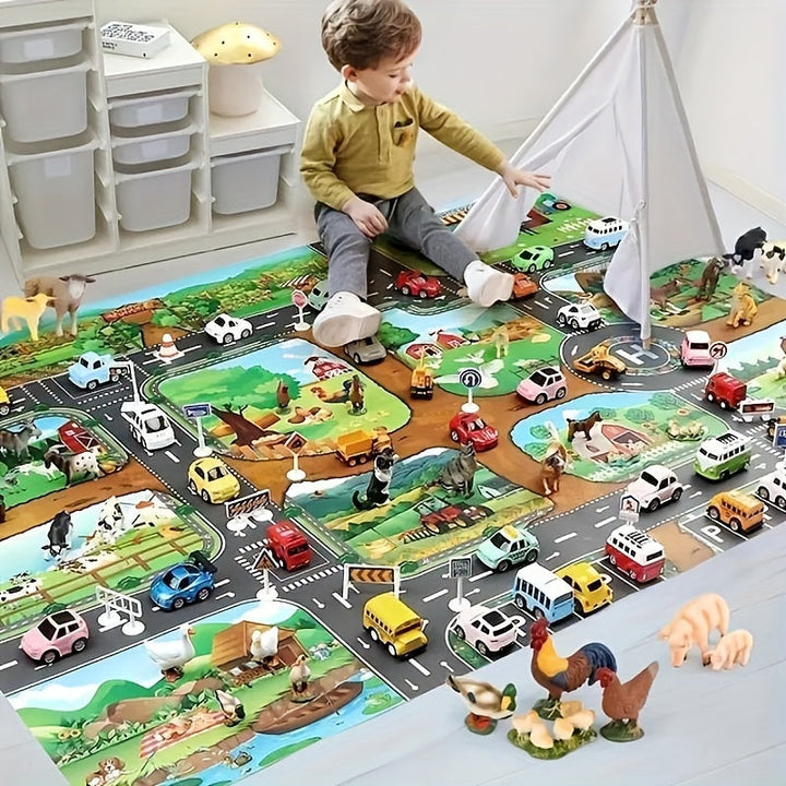 Children's educational play mat for toddlers & kids, featuring farm animals & city traffic scenes.