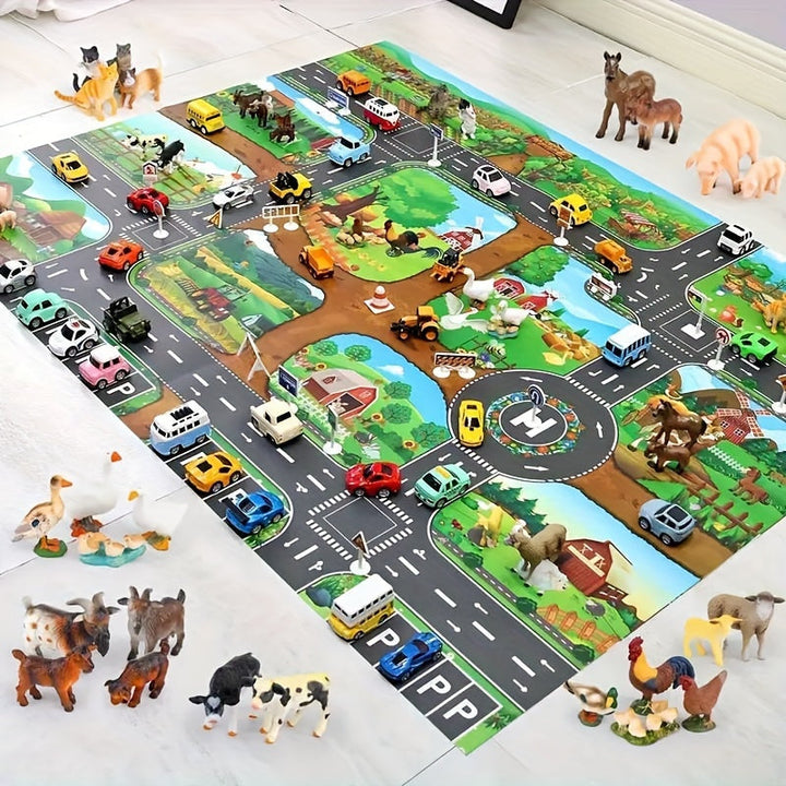 Developmental play mat with interactive farm & traffic scenes, enhancing learning & motor skills.