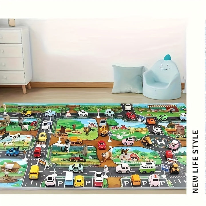 Durable children's rug with vibrant farm & city graphics, ideal for creative & imaginative play.