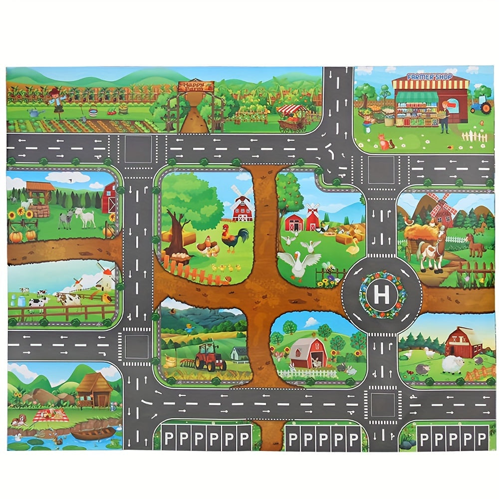 Kids' activity play mat with detailed toy roads, farm animals, fields & bustling city traffic zones.