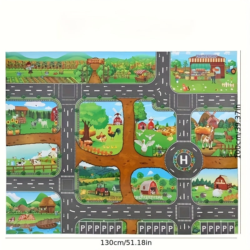 Engaging play mat fosters imaginative adventures with farm & traffic themes, boosting kids' creativity.