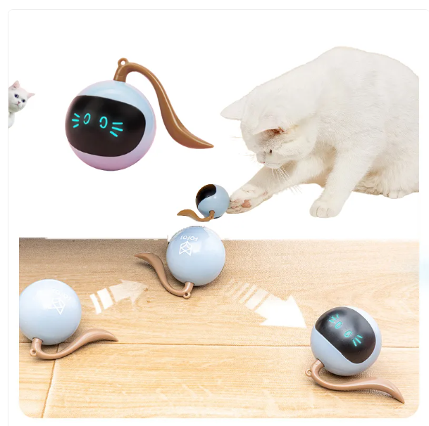 Rechargeable spherical LED cat toy designed for mental enrichment and active play.