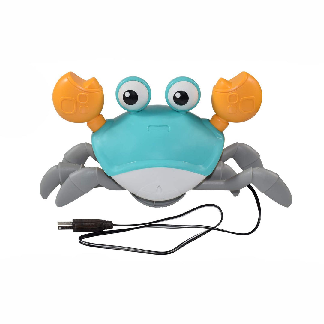 Sensory educational crawling crab toy for kids. Interactive music, lights, and obstacle avoidance promote learning.